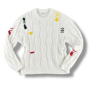Zara White Chunky Knit Sweater Long With Bright Colored Pops of Color Large